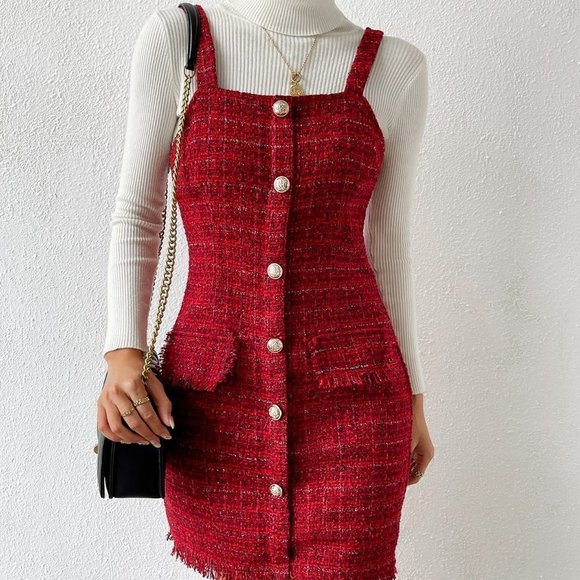 . Dresses & Skirts - Red Preppy Womens Button Front Raw Hem Tweed Overall Dress